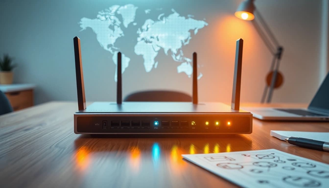 Connect securely with a top-tier vpn router setup featuring sleek design and connectivity highlights.