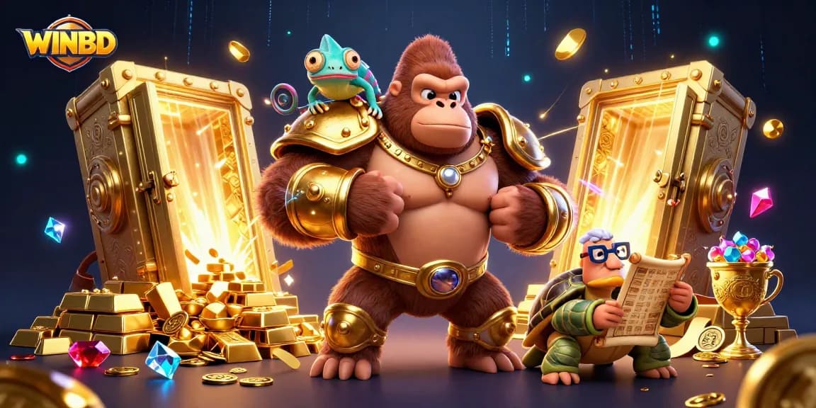 WINBD casino platform showcases a powerful gorilla king and wise elder amidst treasure, symbolizing rich gaming experiences.