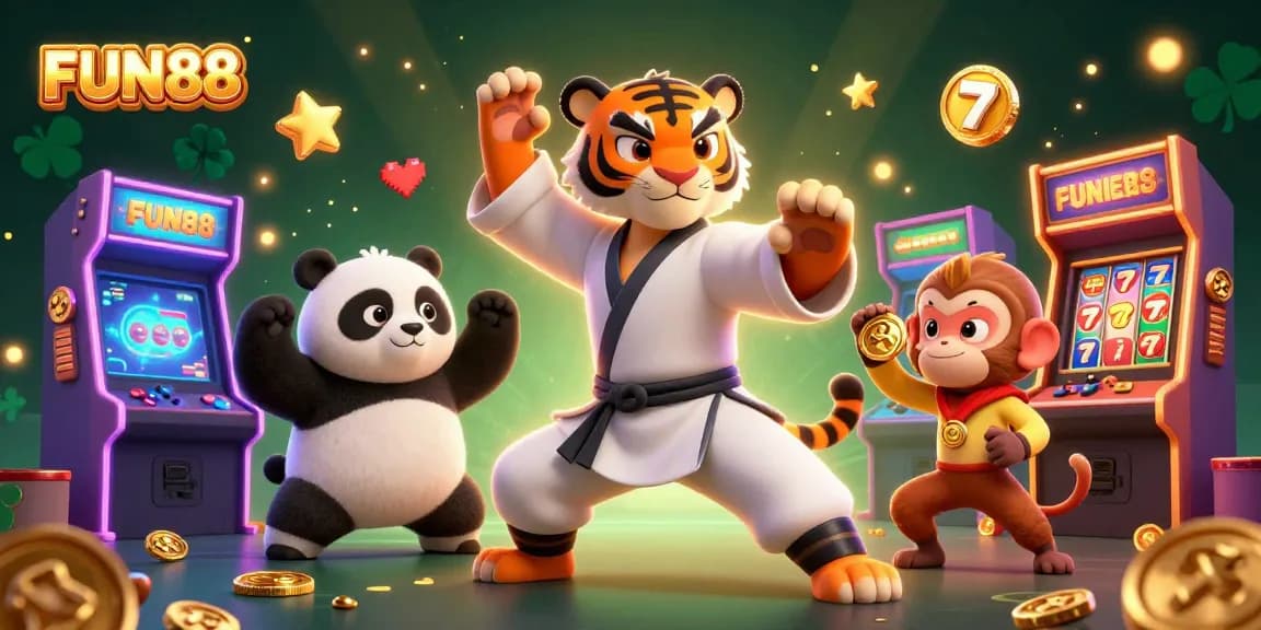 Engage in FUN88's thrilling gaming experience featuring a 3D tiger master and vibrant slot machines.