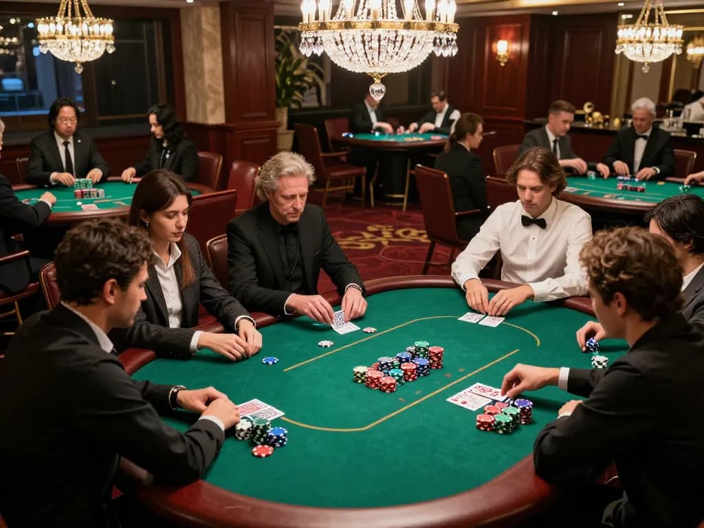 Players at 58win engaged in a high-stakes poker game, showcasing excitement and strategy.
