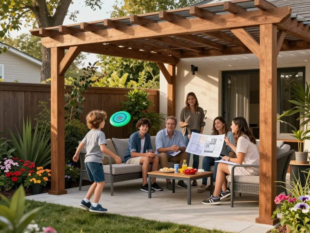 Family discussing pergola 3D planner options in a stylish backyard.