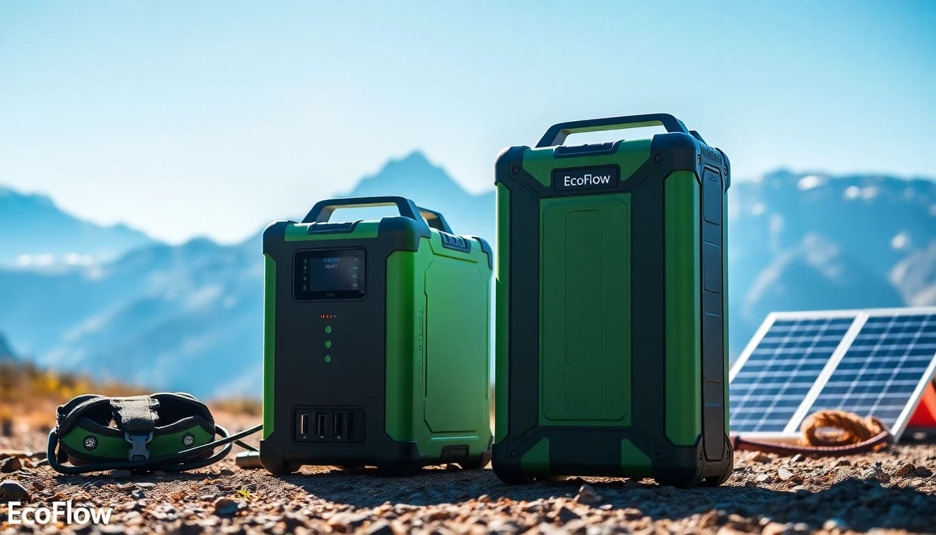EcoFlow portable power stations showcased in a vibrant outdoor setting, emphasizing sustainability and adventure.