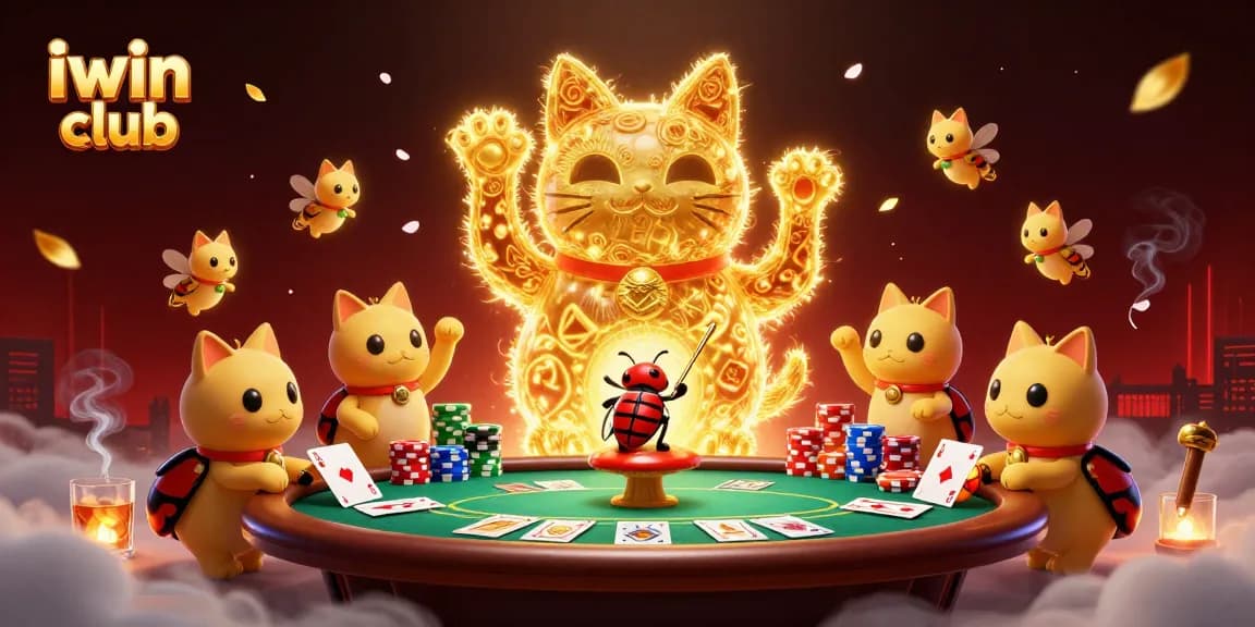 Join the fun at iwin club as golden fireflies form a lucky cat in a vibrant casino scene.