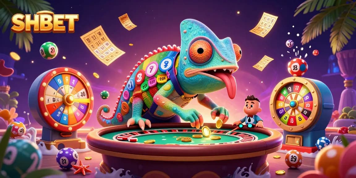 SHBET offers engaging gaming with a vibrant chameleon casino owner among colorful elements.