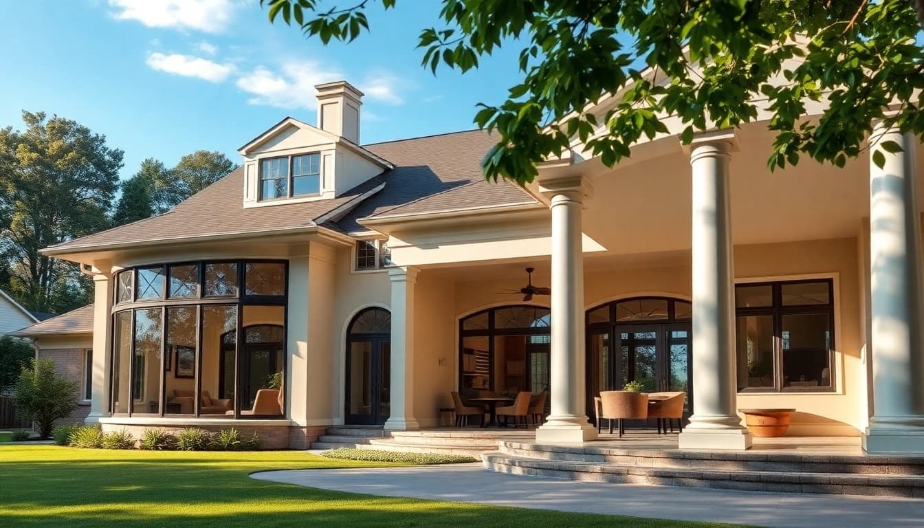 Showcase of a colonial home addition with elegant architecture and lush surroundings.