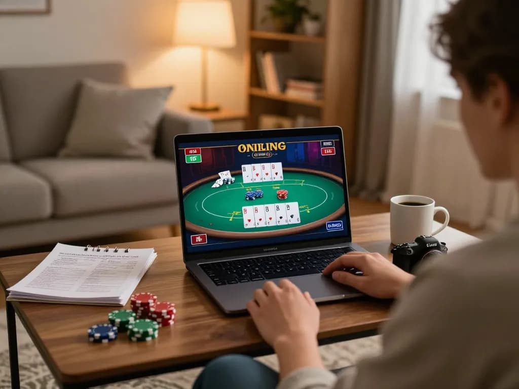 Player enjoying an online poker game with XX88, showcasing strategy notes on coffee table.