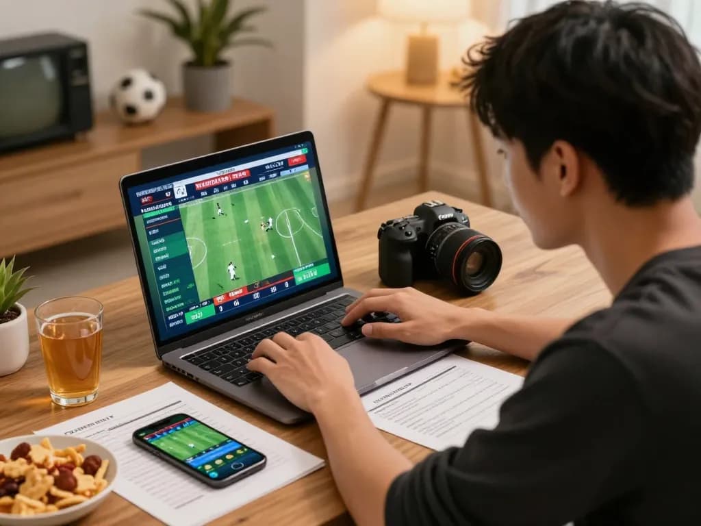 Young man enjoying trang cá độ bóng đá at home, engaging with live betting and sports memorabilia.