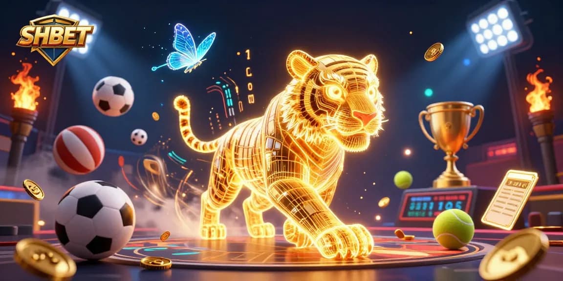 Engage with SHBET casino adventure featuring a glowing tiger and dynamic sports elements in a vibrant digital landscape.
