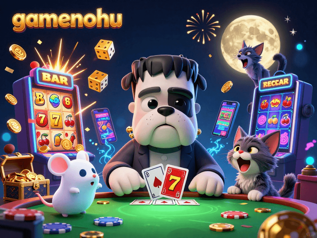 Experience the excitement of gamenohu with vibrant characters and a lively casino scene depicting a jackpot explosion.