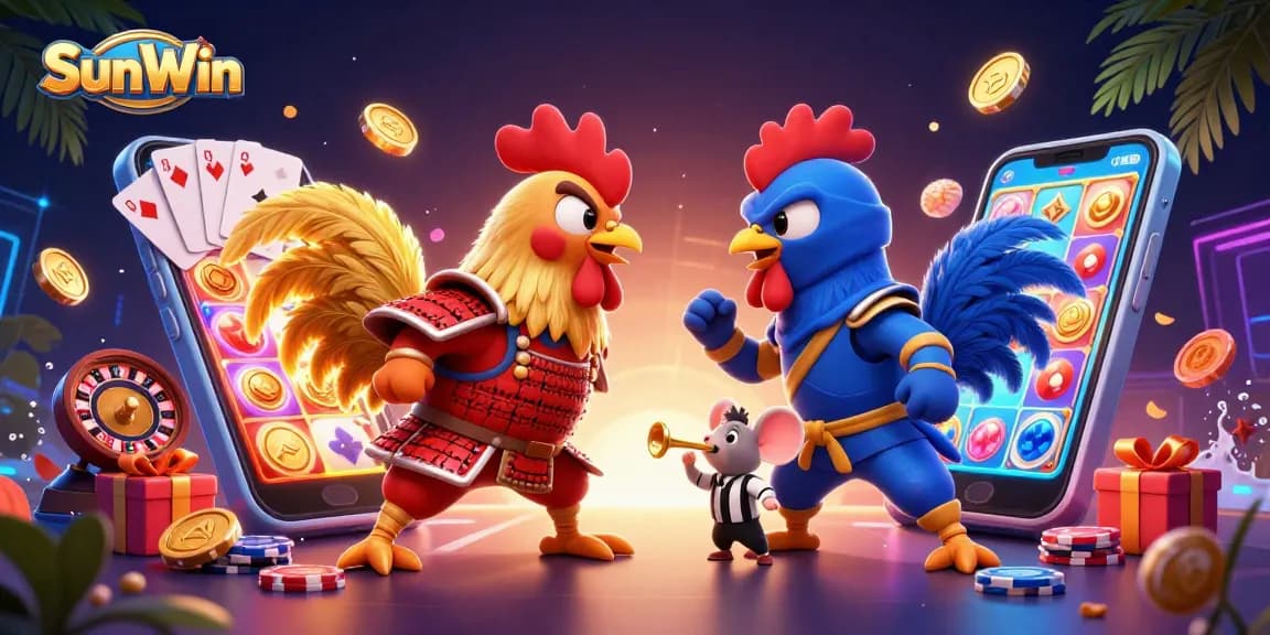 SunWin features an epic showdown between fighting roosters in a vibrant casino illustration with gaming elements.