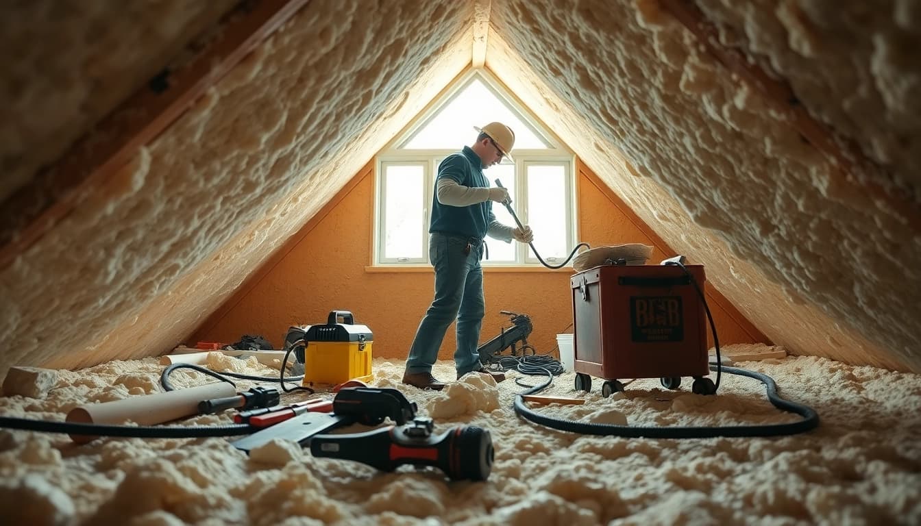 Detailed action of a spray foam insulation removal contractor at work in a well-lit attic.