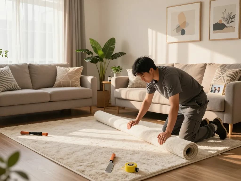 Residential carpet installation in a warm living room, featuring a professional installer laying plush carpet.