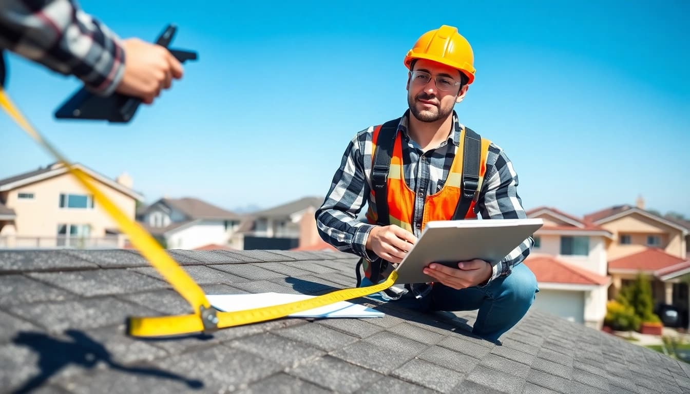 Roofing company professional inspecting a residential roof with tools in hand.