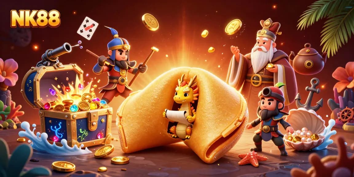 Experience NK88's exciting gaming world with a wise dragon and golden treasures.