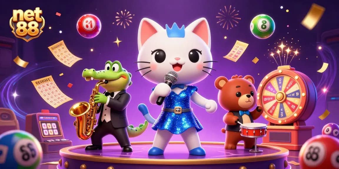 Experience the fun of net 88 with lively characters and colorful lottery elements in a vibrant casino scene.