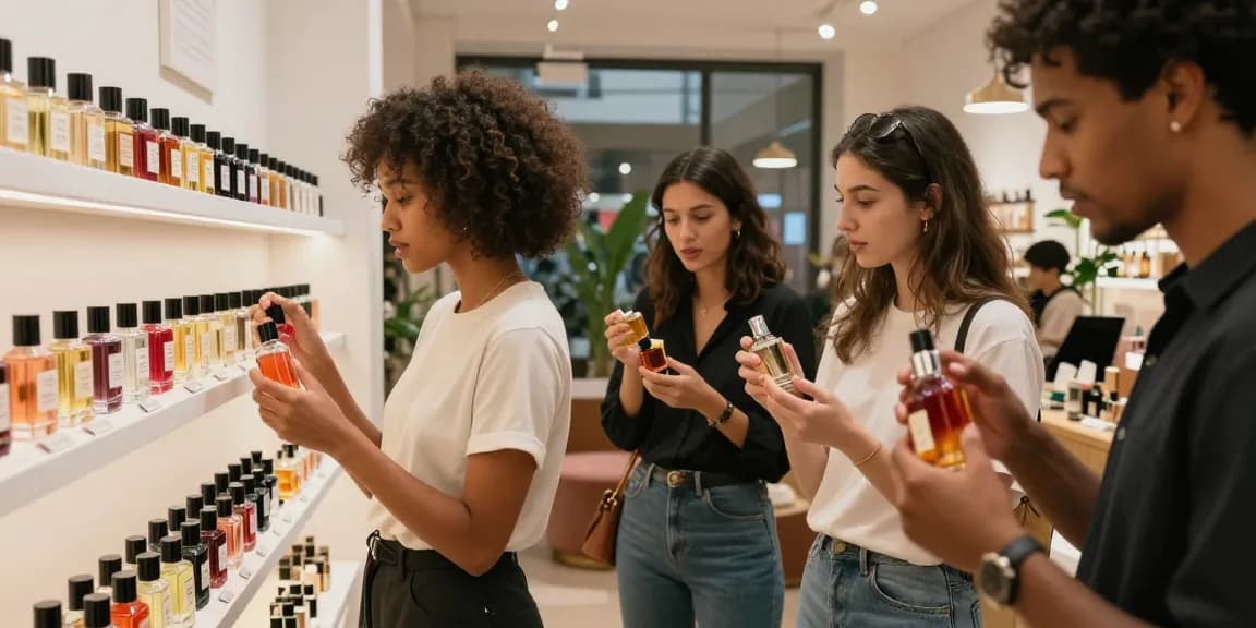 A diverse group exploring unisex perfumes in a trendy boutique, showcasing vibrant fragrance bottles and an inviting atmosphere.