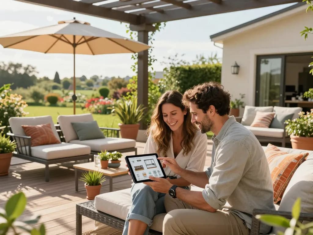 Couple using a pergola configurator on a tablet in a vibrant outdoor patio