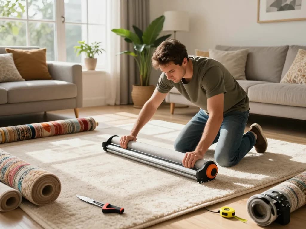 Home carpet fitting services in action, showcasing professional installation in a modern living room.