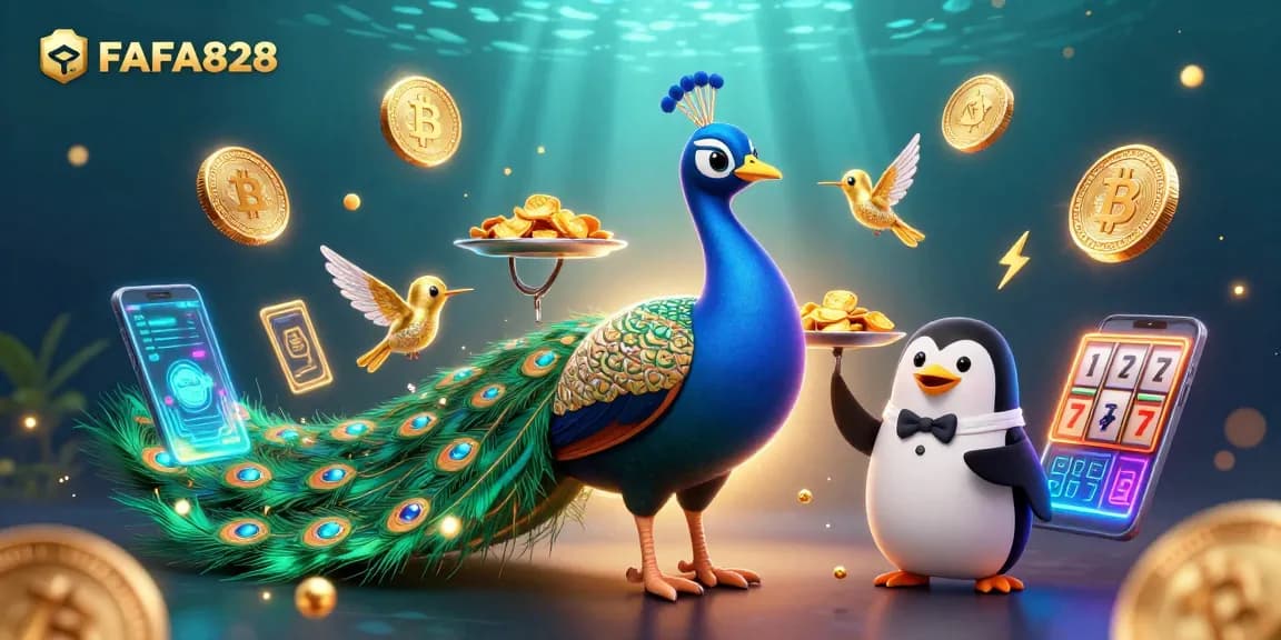 Experience the vibrant world of FAFA828 with slot reels and golden chips amidst dazzling characters.