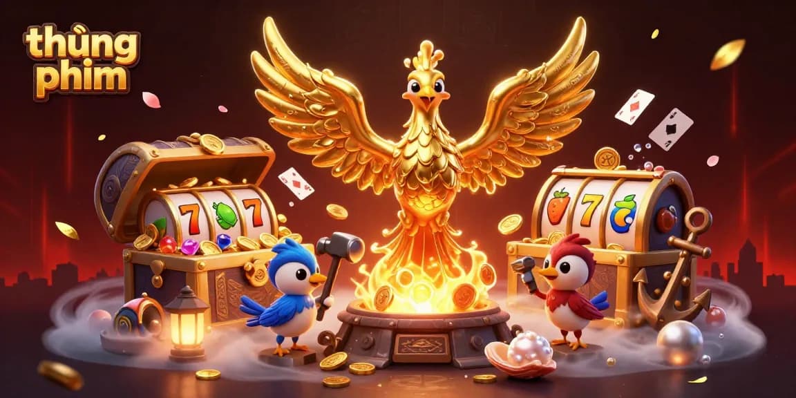Experience thúng phim with animated golden phoenix and dynamic casino elements in vibrant scene.