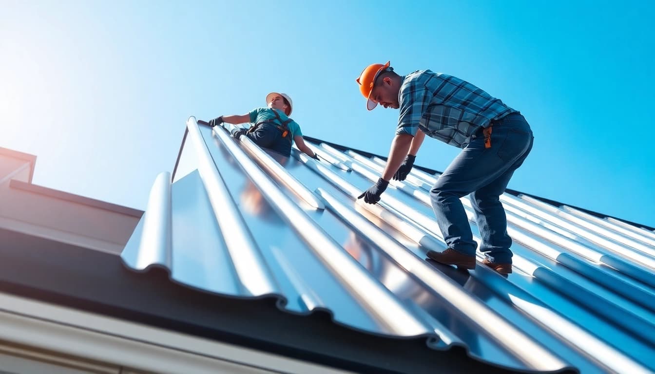 Skilled workers installing metal roofing toronto on a modern urban building.