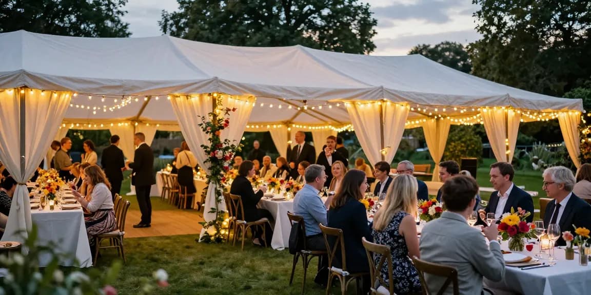 marquee hire London showcasing an elegant outdoor event with decorated tables and glowing lights