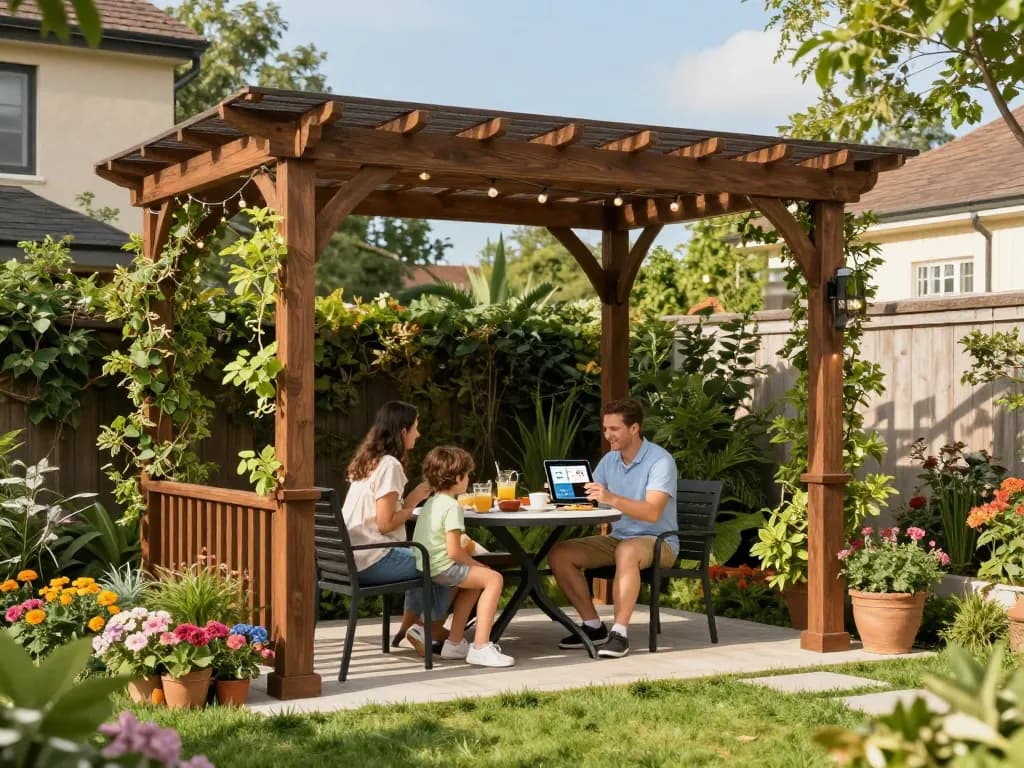 Famille profitant d'une terrasse extérieure sous un configurateur pergola 3D sur mesure, présentant des options de design dans un magnifique jardin.