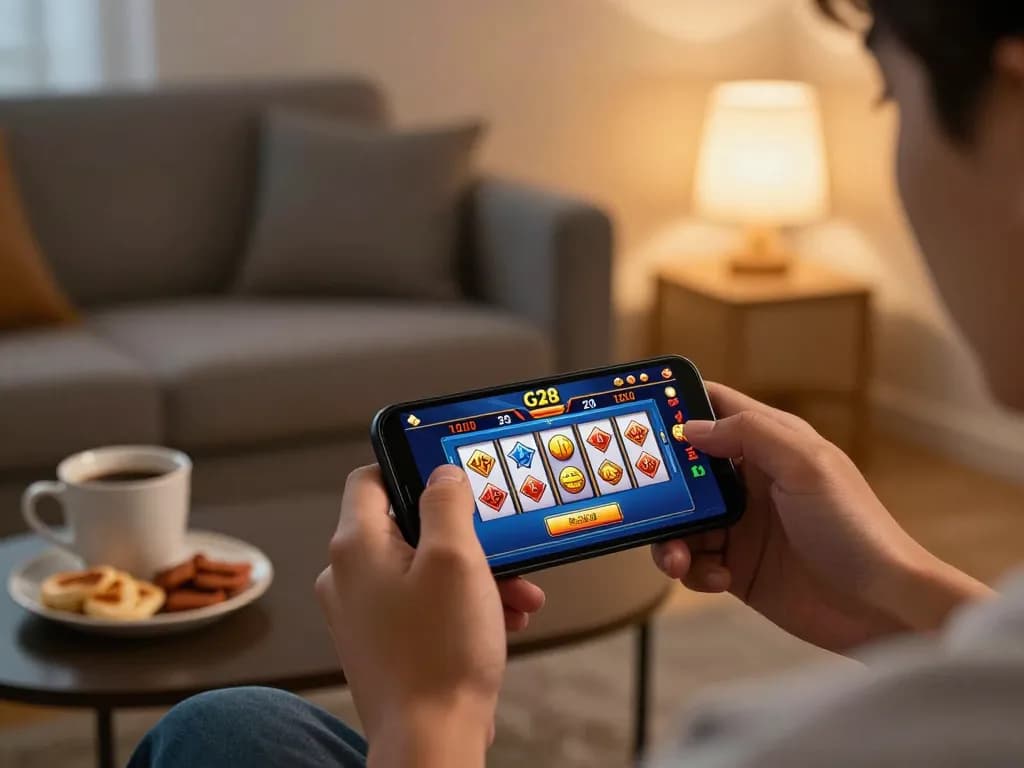 Engaging gameplay on G28 app in cozy home setting, showcasing casual online gambling