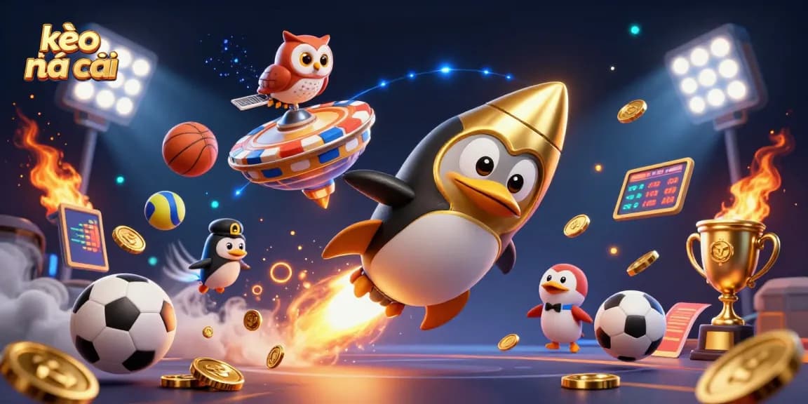 Place bets on kèo nhà cái with a golden penguin in a casino-themed space adventure.