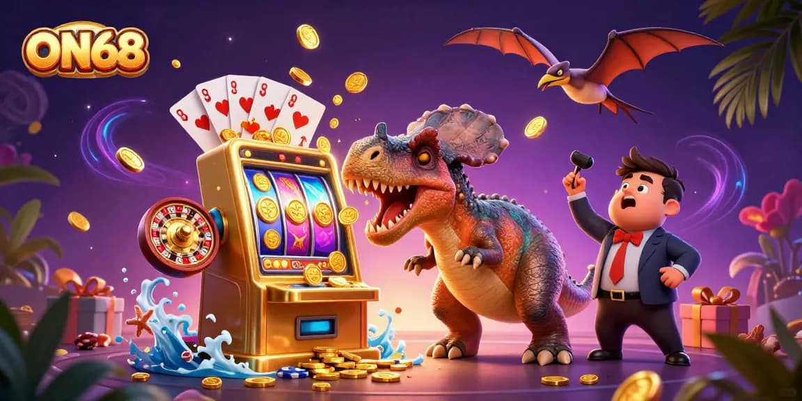 ON68 casino mascot pachycephalosaurus activating a jackpot with coins in a vibrant gaming scene