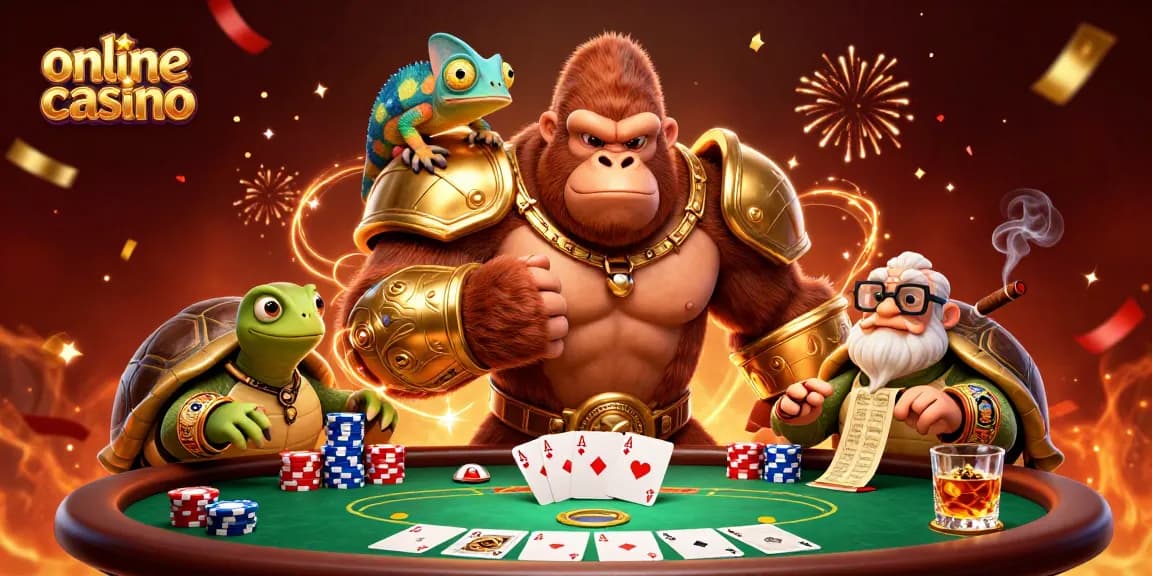 Powerful gorilla king and companions showcasing online casino excitement amid poker elements.