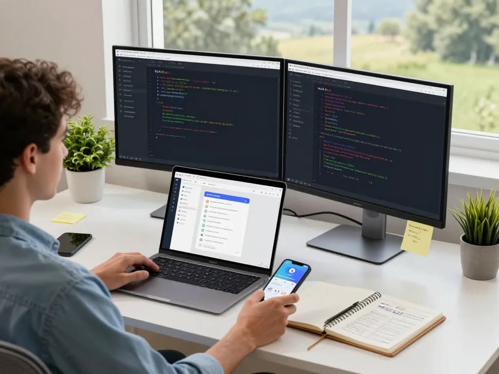 MoltBot in a modern office setup with dual monitors and messaging apps, showcasing efficient task management.