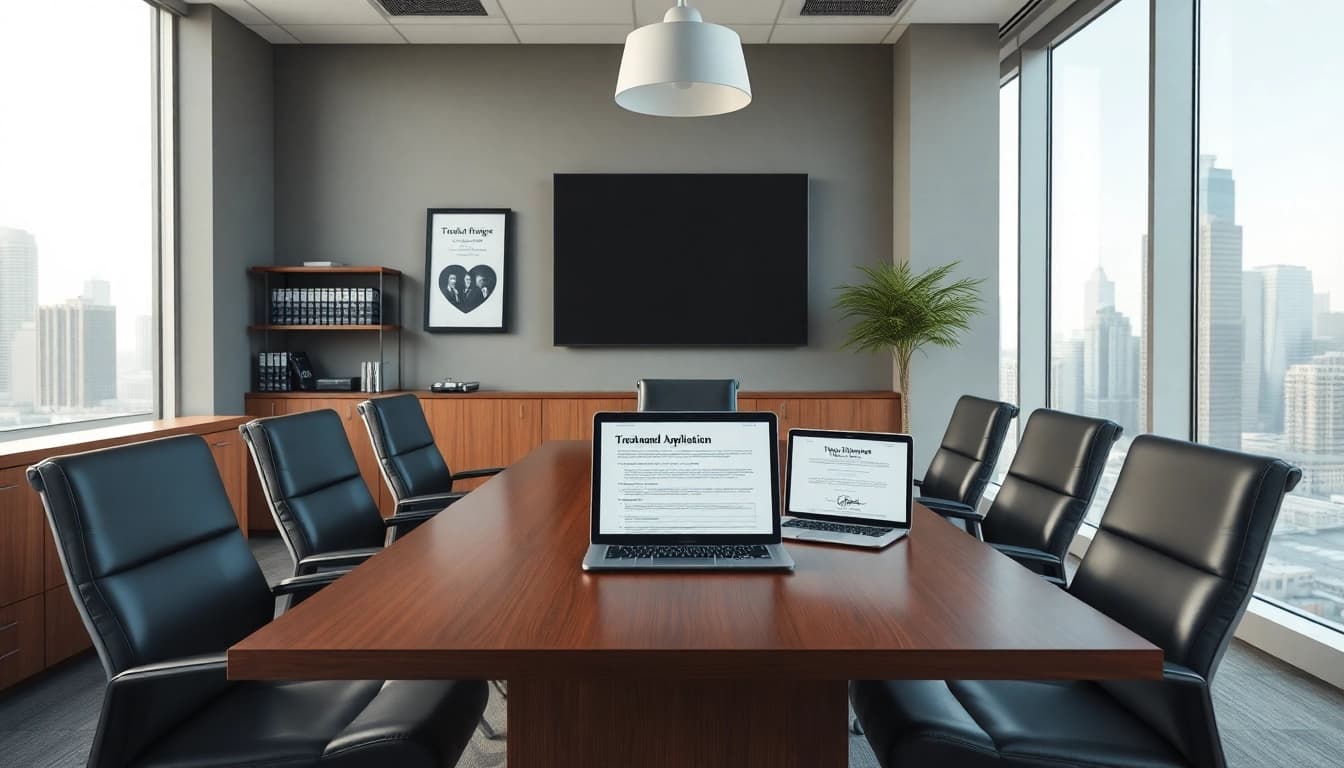 Professional law office setting for trademark and intellectual property in the US, emphasizing expertise and trustworthiness.