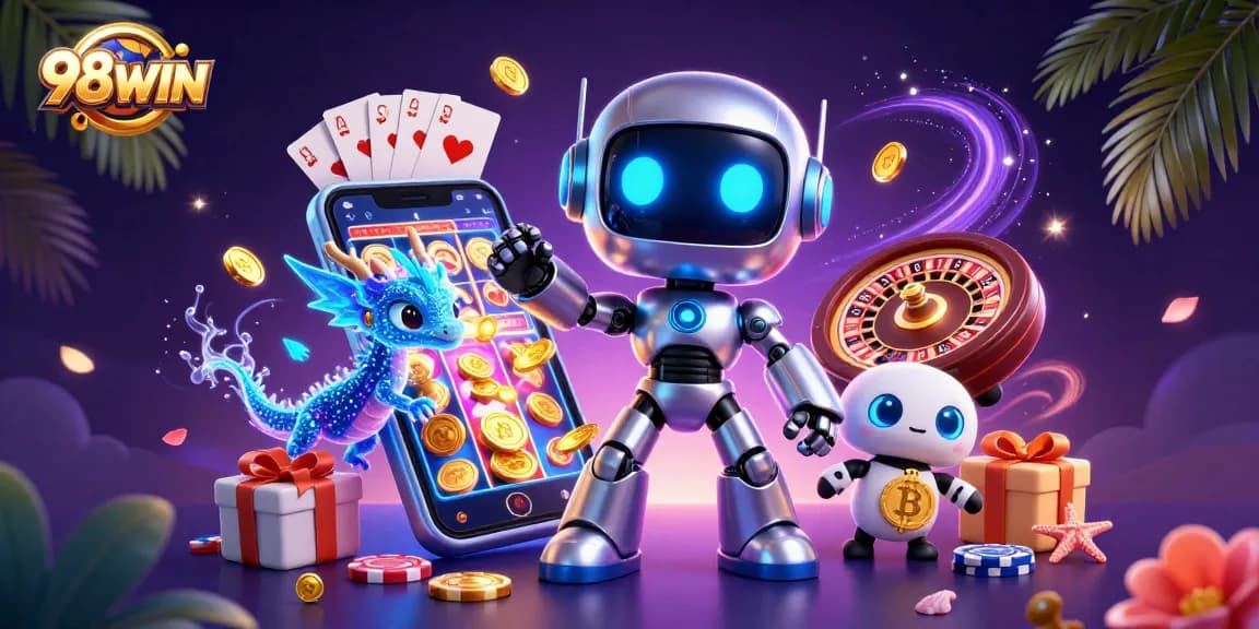 Join the action at 98WIN with a thrilling 3D casino scene showcasing vibrant games and excitement.