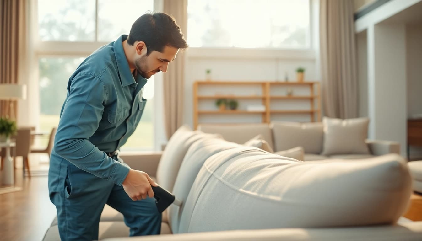 Upholstery cleaning in Glasgow performed by a technician on a beige sofa in a bright living room.