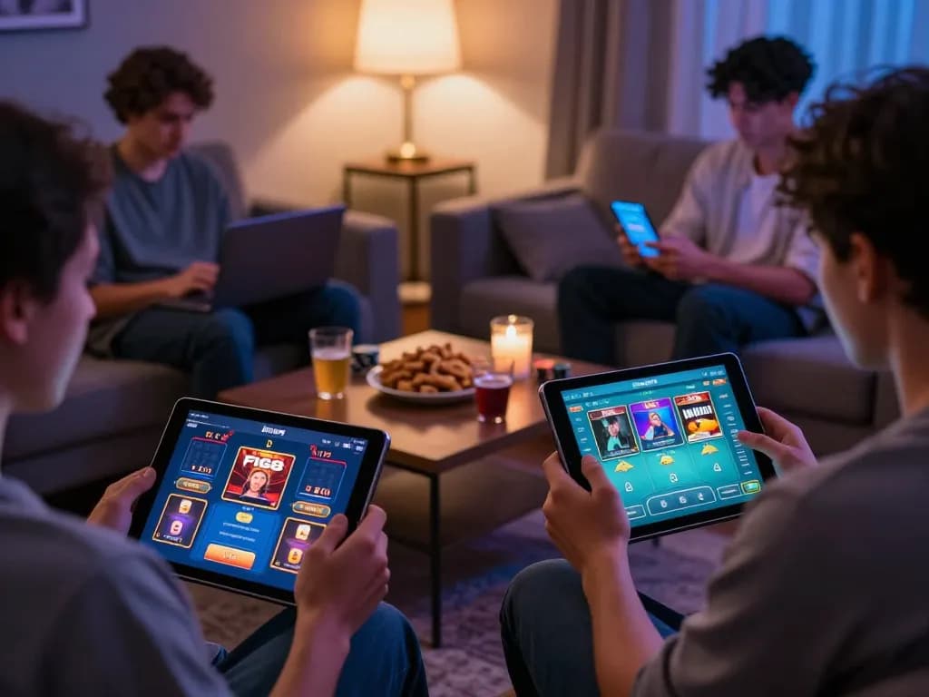 Players enjoying the F168 casino app on their tablets during a home gaming night.
