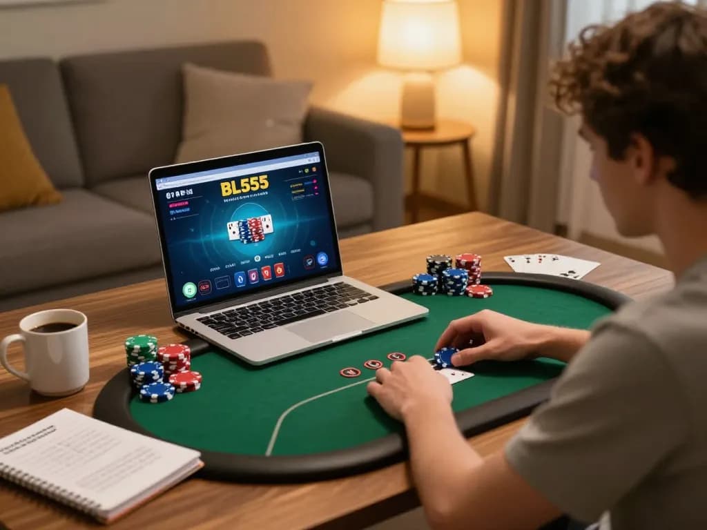 Player engaged in BL555 online poker, showcasing strategic gameplay in a cozy home setting