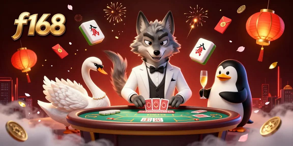 Experience the thrill of f168 casino with a playful wolf, swan dealer, and penguin sommelier in a vibrant scene.