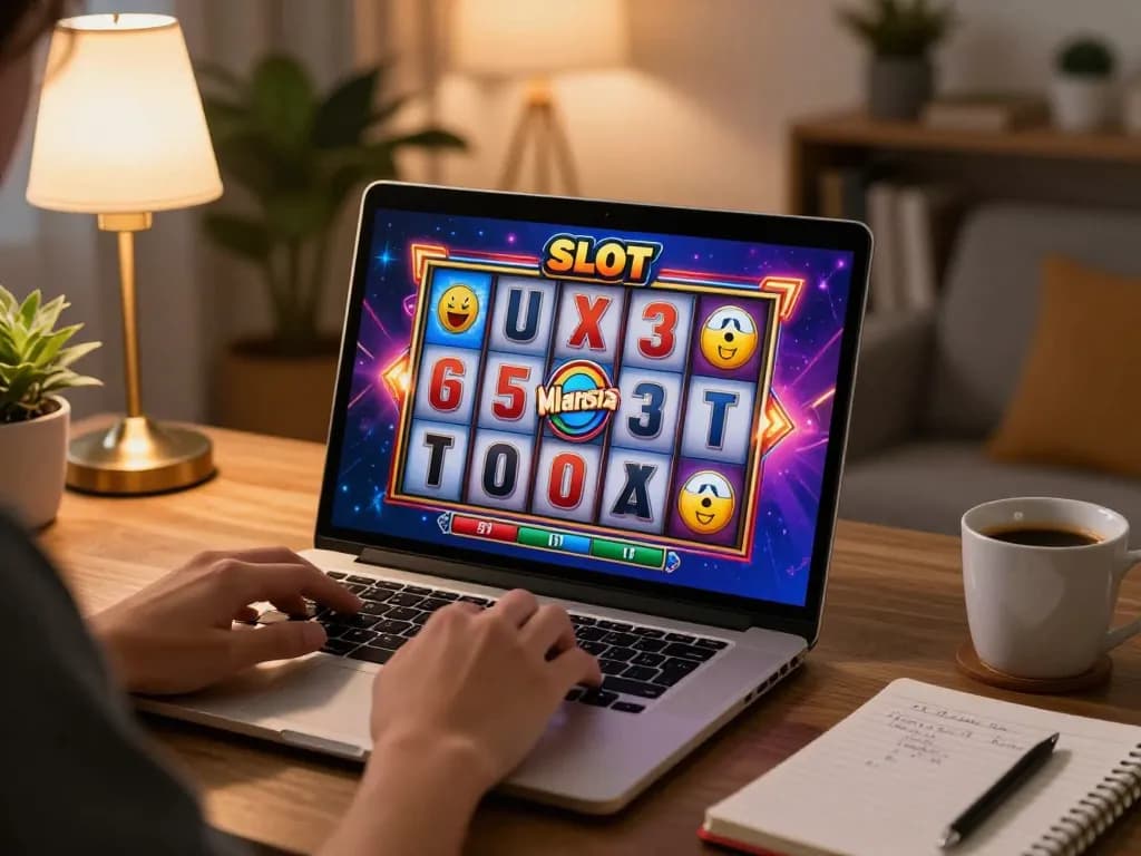 Engaged player enjoying Slot Malaysia games on a laptop in a cozy home environment, promoting responsible gambling