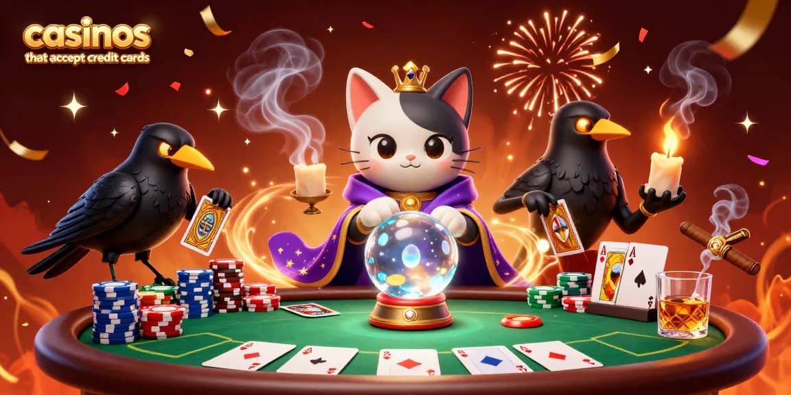 Engage with thrilling casinos that accept credit cards featuring vibrant 3D mystical illustrations of fortune teller and poker elements.