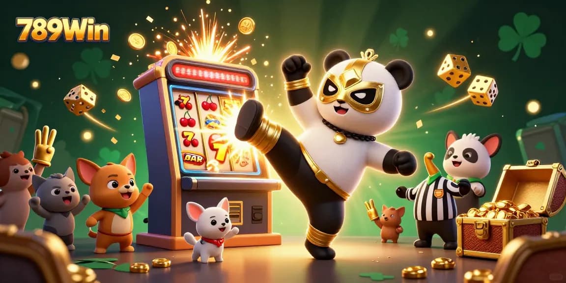 Win big at 789Win with a vibrant 3D casino scene featuring exciting game elements and lively characters.