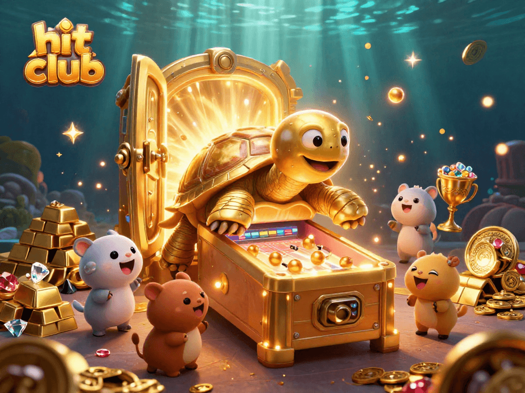 Join the excitement at hit club with a tortoise pinball machine in a treasure-filled scene!