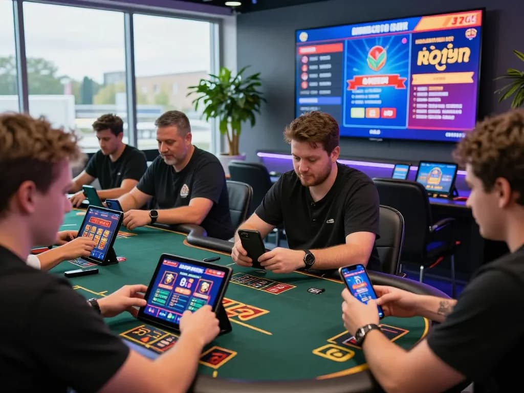 Exciting online gaming scene with players enjoying 8KBET casino games on mobile and tablet devices.