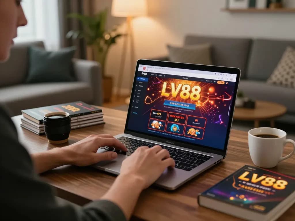 Person using laptop to play LV88 online casino games in a cozy home setting