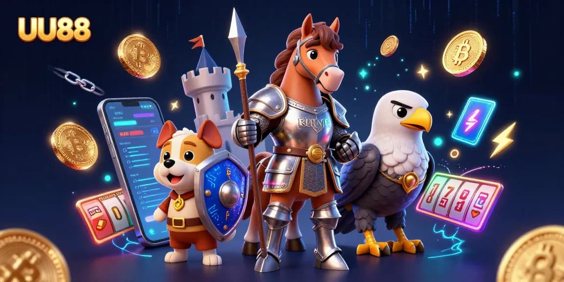 UU88 showcases thrilling gaming with a knight, puppy, and falcon amid vibrant casino elements.