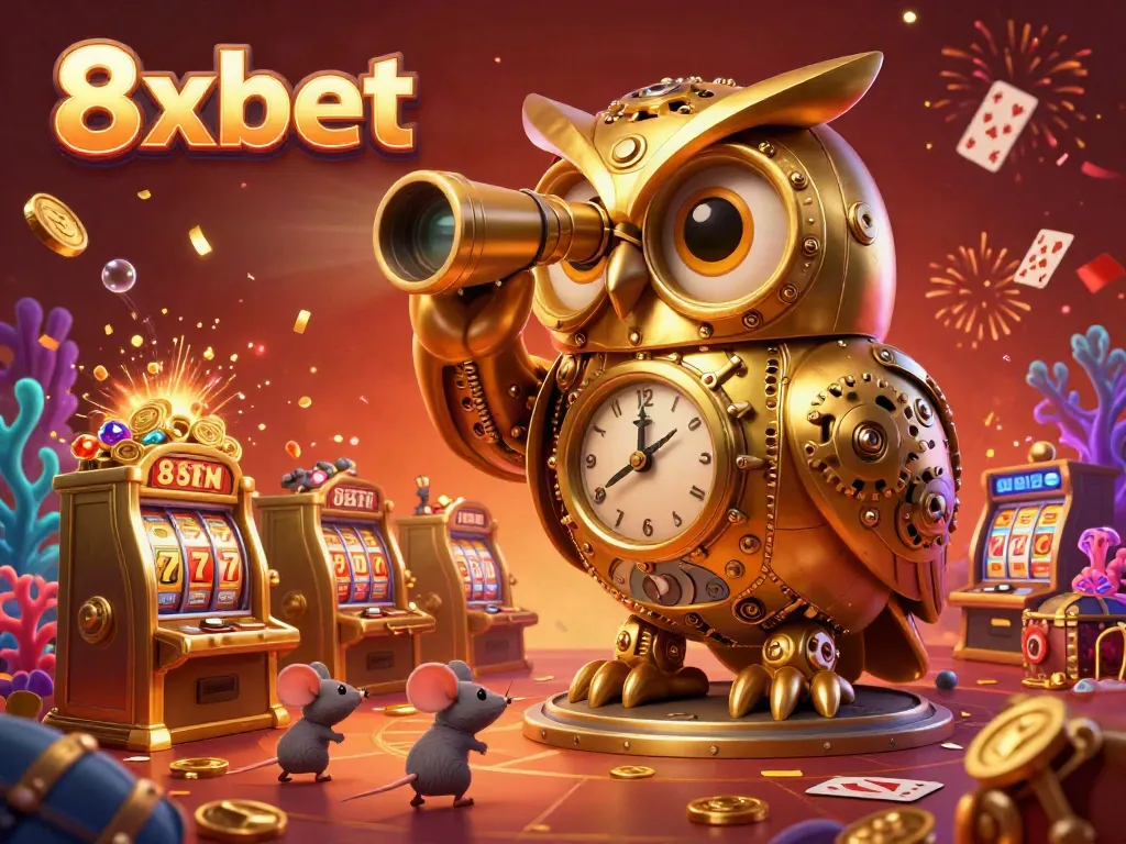 Engage in thrilling gameplay at 8xbet with a magical casino scene featuring a golden owl and vibrant slot machines.