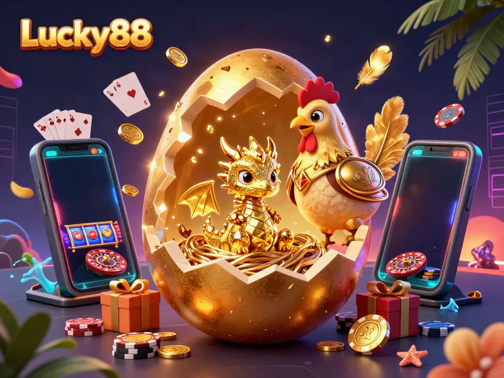 Engage with Lucky88's vibrant casino scene featuring a golden baby dragon, poker chips, and colorful slot games.