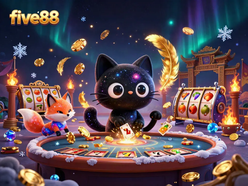 Engage with five88 at an exciting cosmic casino featuring a black hole cat and nebula fox.