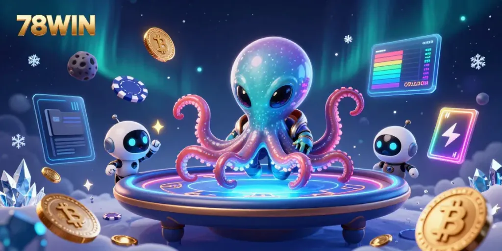 Engage with 78WIN’s holographic poker game featuring an alien octopus and robot companions.