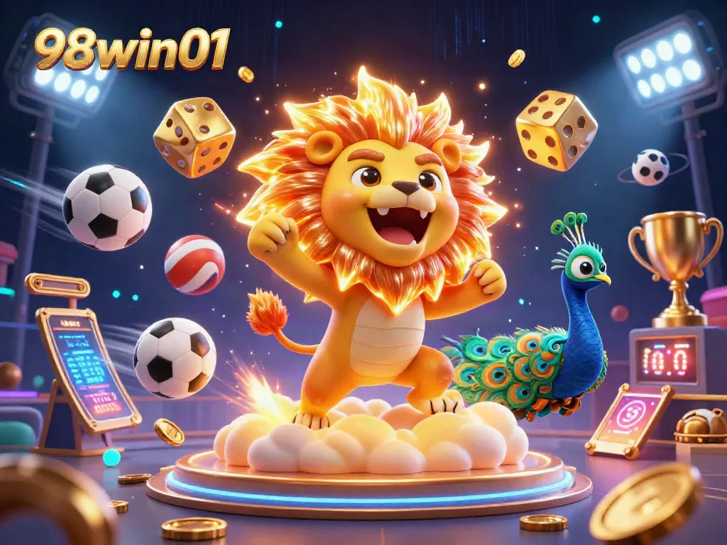 Bettors win big at 98win01 with a vibrant 3D casino-themed scene featuring golden dice and roaring lion.